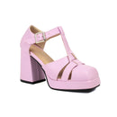 T-Strap Metal Square Buckle Narrow Hollowed Out Women Sandals Platform Heel Sandals
