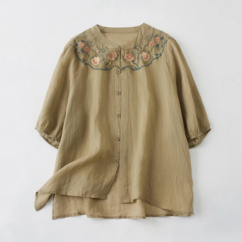 Spring Summer Cotton Linen Embroidery Blouse Shirt Button Elegant Office Ladies Women Casual Loose Tops Temperament