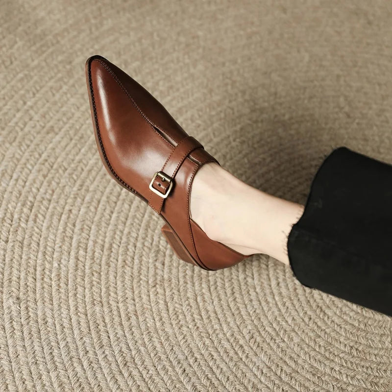 Buckle Genuine Leather Single Shoes Woman Retro Pointed Toe Dress Shoes Ladies Thick Med Heels Pumps