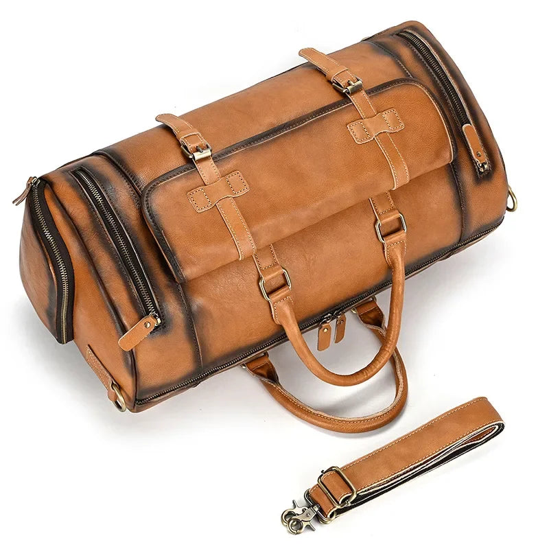 Leather travel bag for men's retro leather fitness bag leather handbag with shoe compartment luggage bag