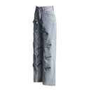 Floral Casual Denim Trousers For Women Spliced Button Wide Leg Pants