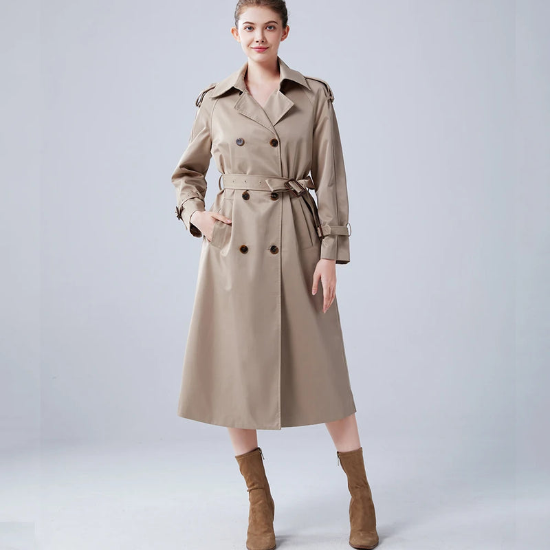Autumn Winter Classy Design Luxury Quality European Straight Belt Pockets Women Chic Trench Long Coat