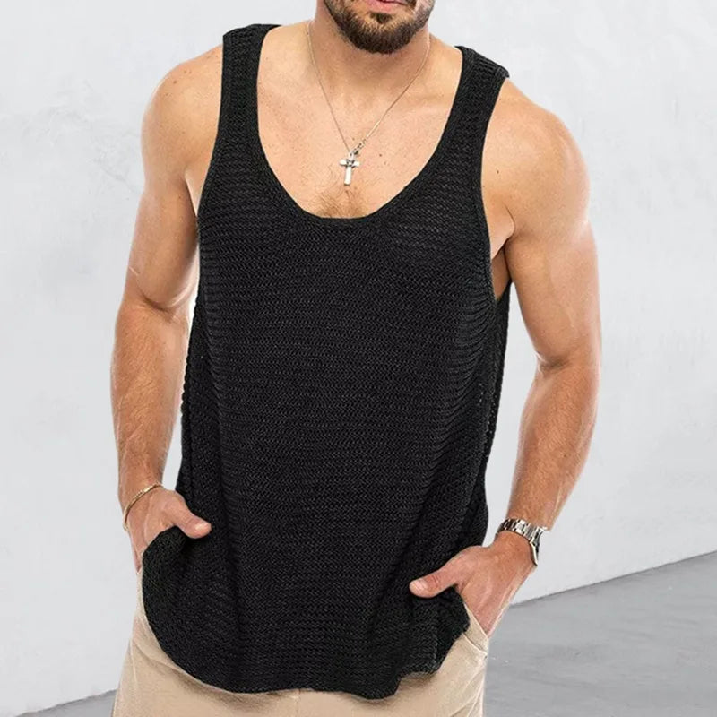 Summer Men Knitted Casual Sleeveless Shirt Man Basketball Tops Slim Sport Vest Singlets Male Clothes