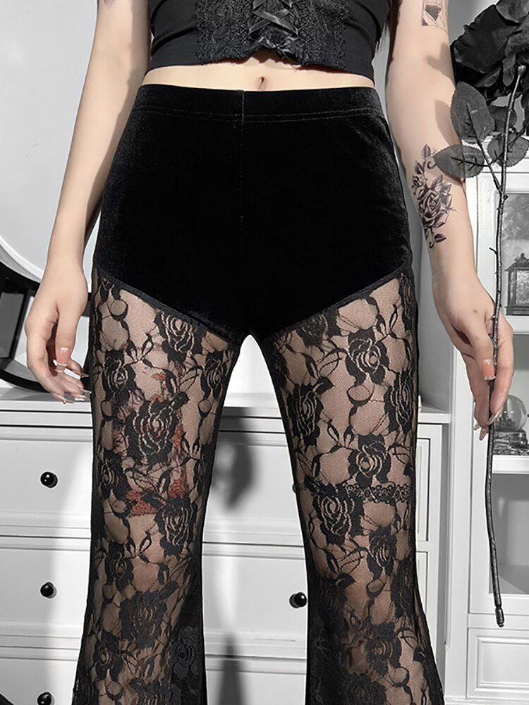 Goth Dark Velvet Vintage Mesh Women Flare Pants Mall Gothic Grunge Sexy See Through Trousers Punk Black Slim Alt Clothes