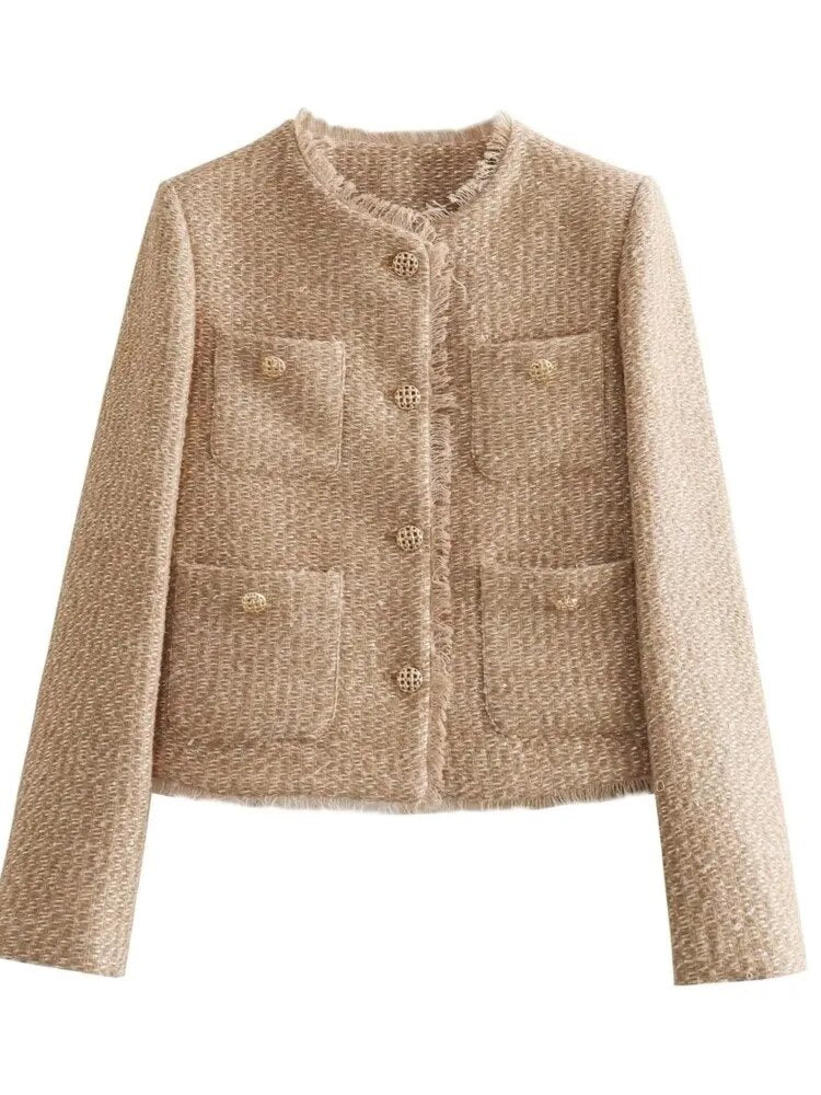 Elegant Sweet Cropped Jacket For Women Long Sleeve Pocket Thick Coat Autumn Office Lady