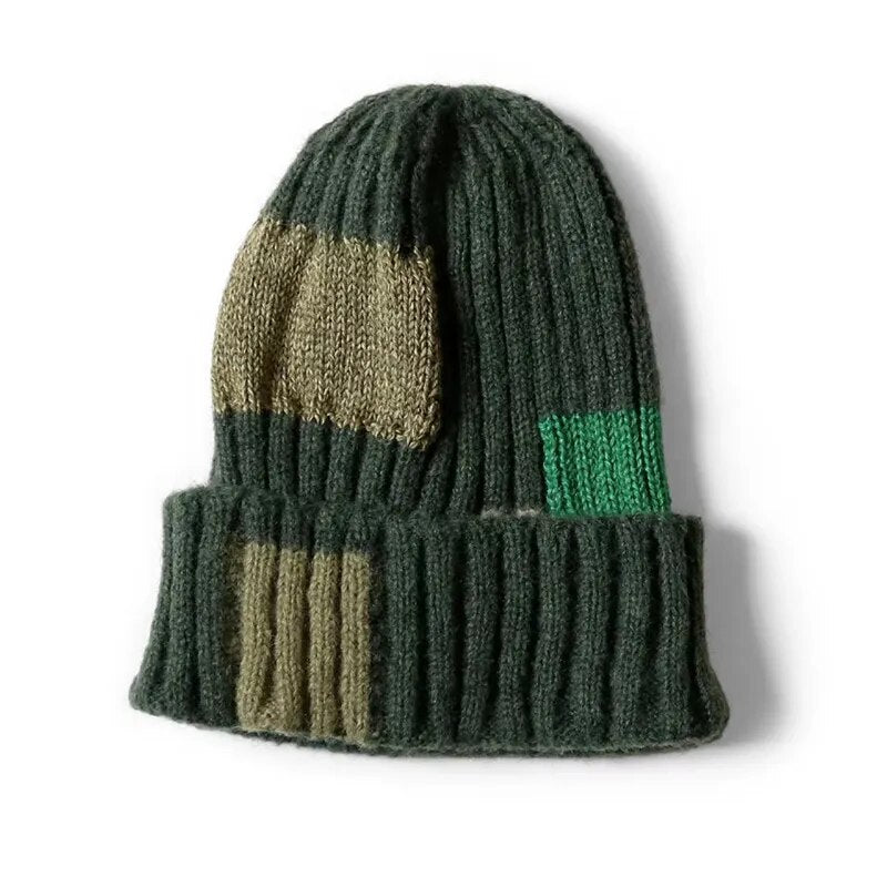 Two-tone Cotton Hemp Men and Women Splice Patch Matching Knitted Wool Hat