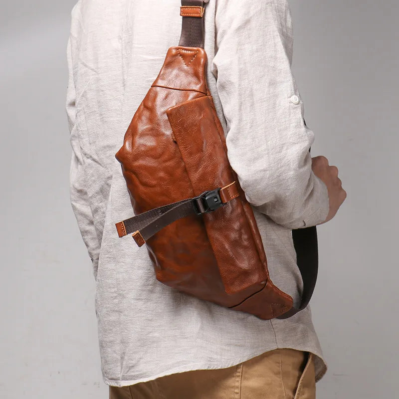 Retro Men's Leather Chest Bag Hand Grab Pattern Oblique Straddle Small Backpack
