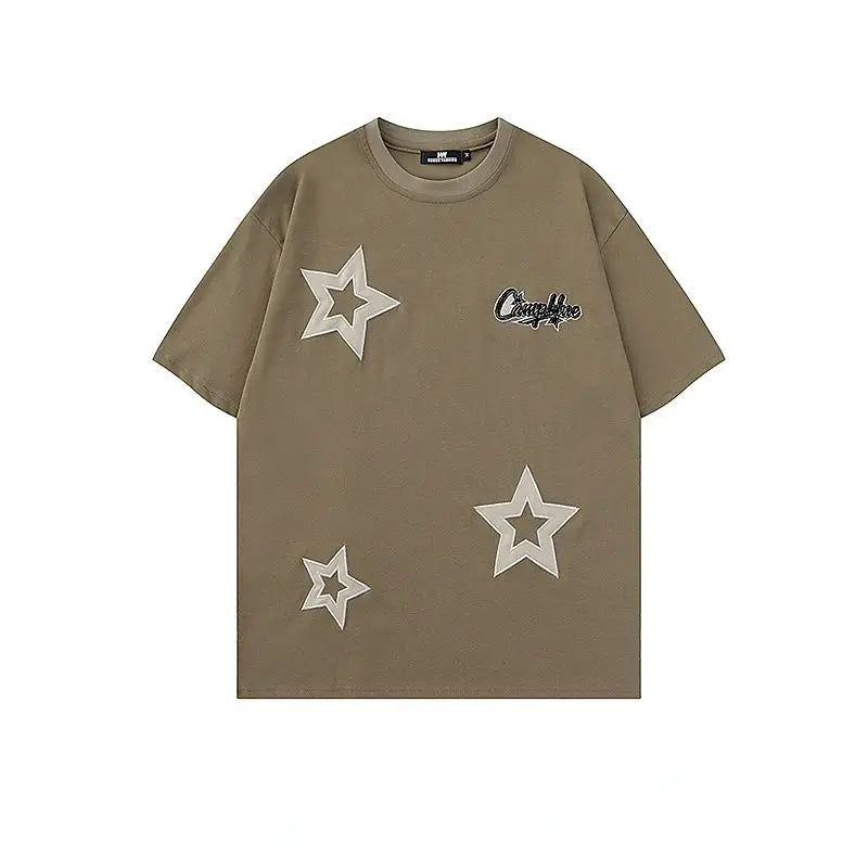 American Retro Star Embroidered Short Sleeved T Shirts Men and Women Loose Cotton Tees for Summer