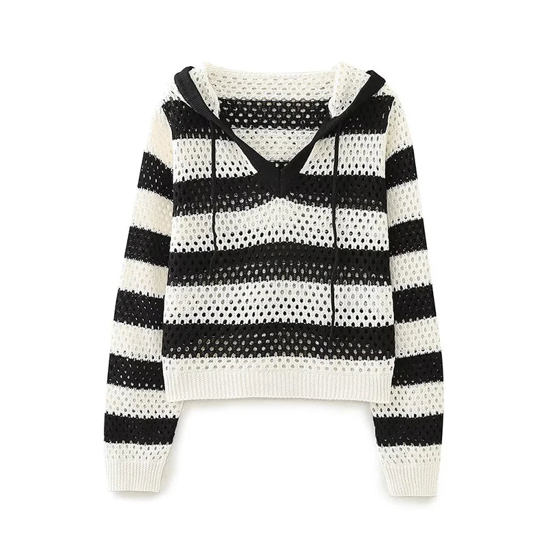 Autumn Women Vintage Striped Hooded Knit Sweater Long Sleeve Female Crop Pullover Tops
