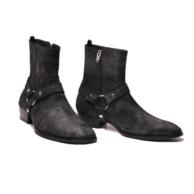 Leather Harness Buckle Men Ankle Boots Pointed Toe Wood Heel Man Chelsea Boots