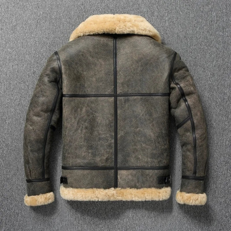 Winter warm thick wool leather jacket men real fur natural shearling outwear.