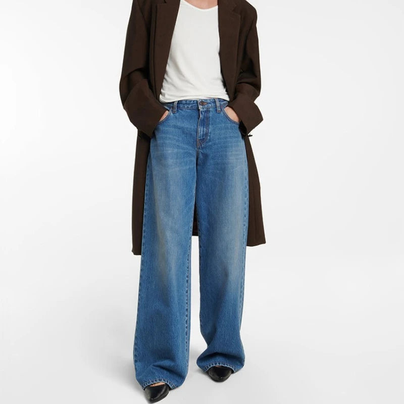 Autumn Minimalist Style Floor-length Trousers for Women High-waisted Loose Wide-leg Denim Women Jeans