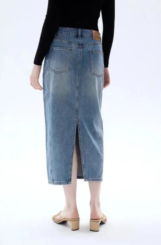 Spring and Summer Skin-friendly Blue Skirt Splicing Cut Pocket Slit Long Denim Skirt Female