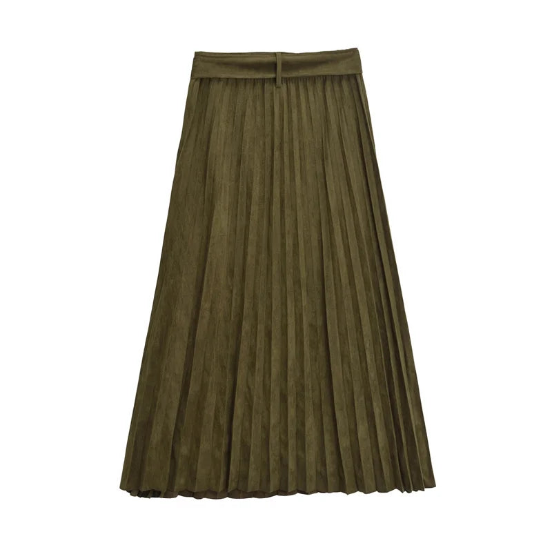 Women's With Belt Long Pleated Skirt Faux Leather Suede Effect Zipper High-waisted MIDI Skirt