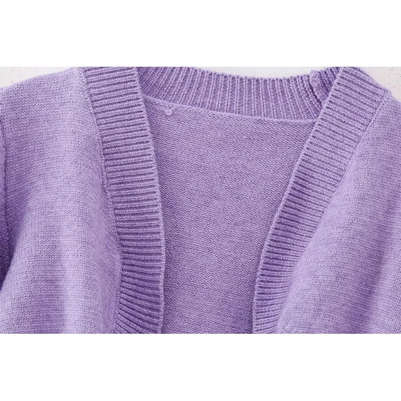 Women Long Sleeve Purple Crop Cardigan Coat