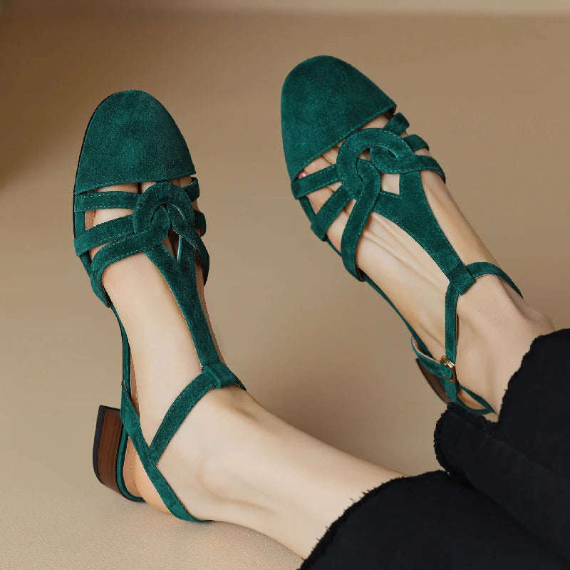 Women's Sandals Summer Shoes Trends Low Heels Close Toe Green Flip Flops Casual Footwear Shoes Ladies Leather