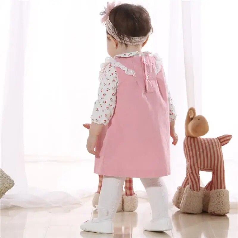 Baby Girls Dress Set Kids Floral Cotton Shirts Lace Pink Dress Children First Birthday Wear