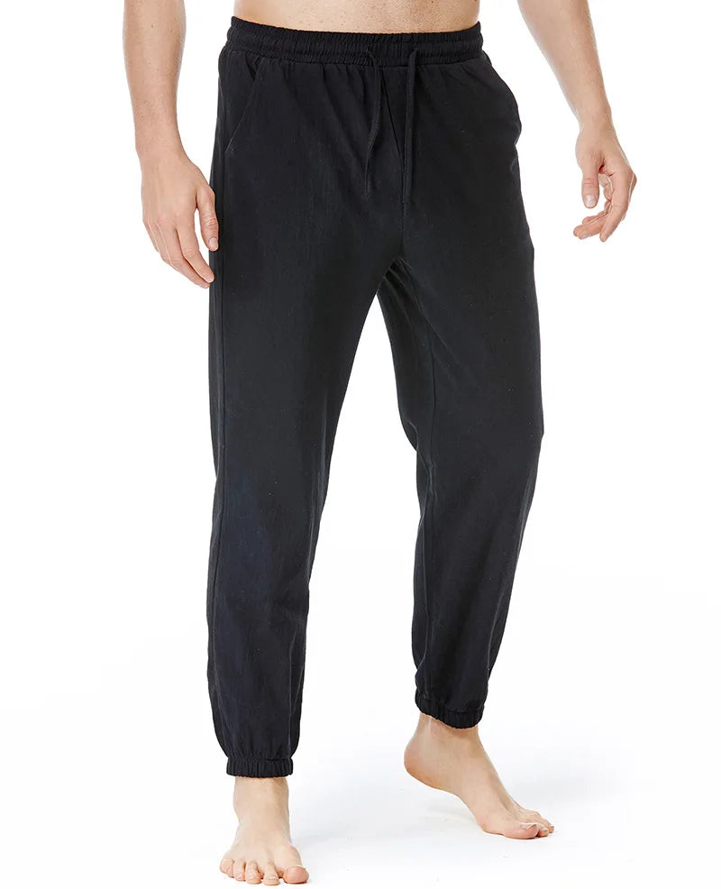 Men Cotton Linen Drawstring Pants Elastic Waist Casual Jogger Yoga Pants Men Casual Lightweight Home Sport Trousers