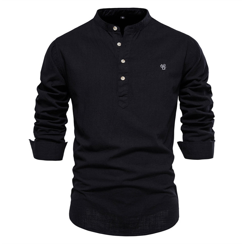 Men Cotton Linen Long Sleeve Shirt Casual Solid Breathable Top Embroidered Standing Neck Slim Fit Shirt