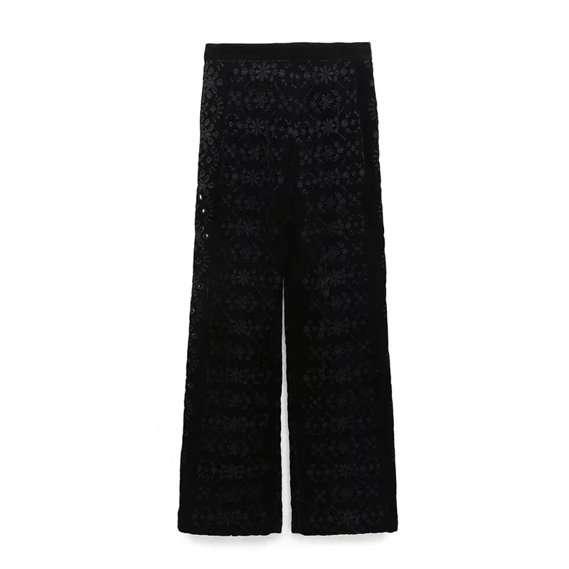Women's Floral Embroidered Velvet Pants Bohemian Zipper High Waist Straight-Leg Trousers