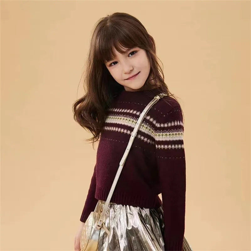Baby Wool Knitted Wine Red Christmas Sweater Kids Girls Jumper Autumn Winter Clothes