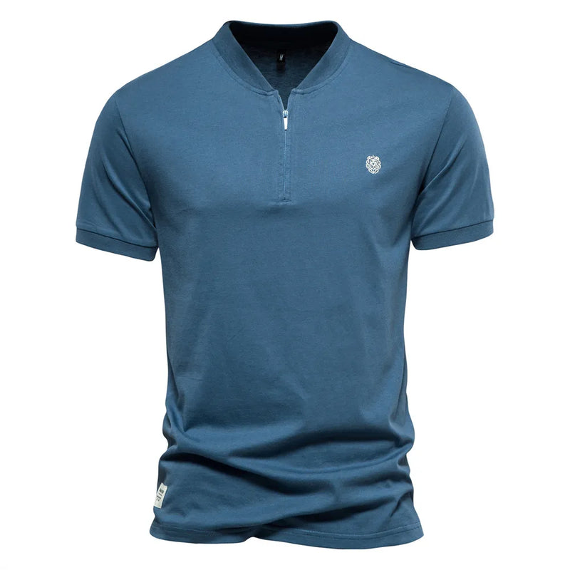 Cotton Men's T-shirt  Solid Casual V-neck Zipper T shirt for Men Summer Men Tops Tees