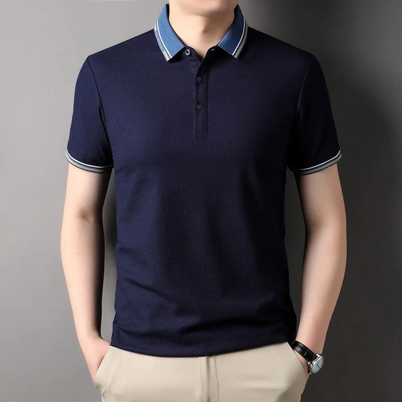 Cotton Lapel Polo-Shirt Summer Light Cool Breathable Mens Short Sleeve Collar Contrast Business Casual Shirt