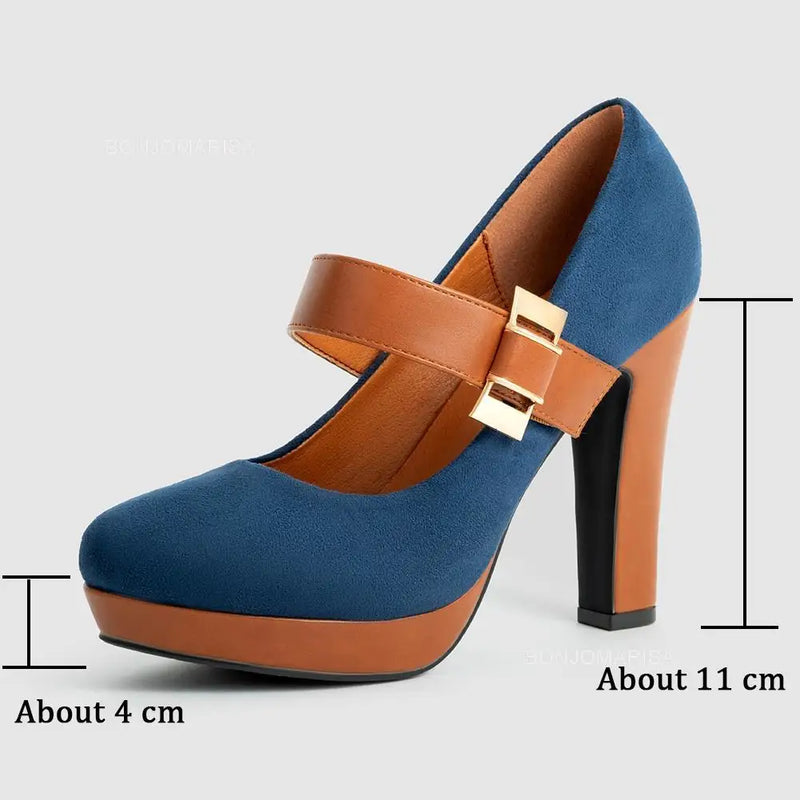 Women's Retro Style Round Toe High Heeled Pumps Buckle Platform Block Heel Shoes Office Lady Comfortable Heels