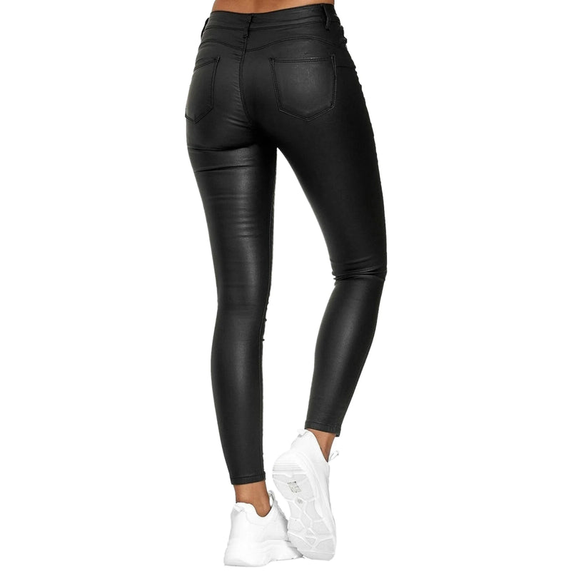 Women High Waisted Faux Leather Legging Solid Shaping Butt Push Up Leggings Stretchy Slim Fit Trousers with Pockets