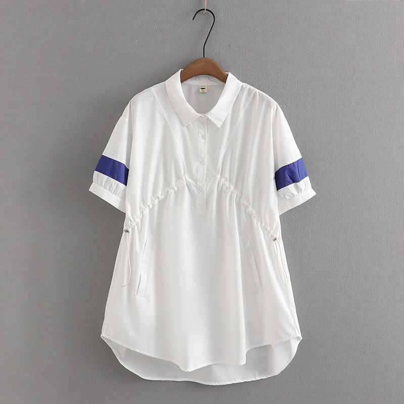 Women Blouse Summer Short Sleeve Contrast Lyocell Tops Loose Oversized Curve Clothes