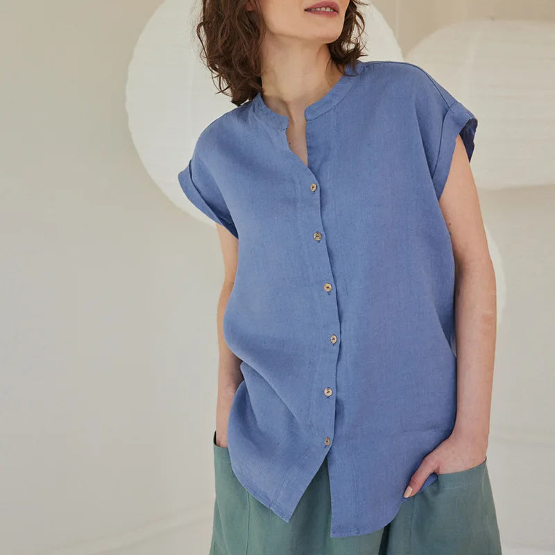 Linen Women Shirt Summer Casual Solid Stand Neck Short Sleeve Button Up Women Elegant Blouses Vintage Clothing