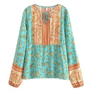 Boho Queens Women Floral Lace-up Bohemian Blouse Shirts Long Sleeve Tassel Rayon Tops