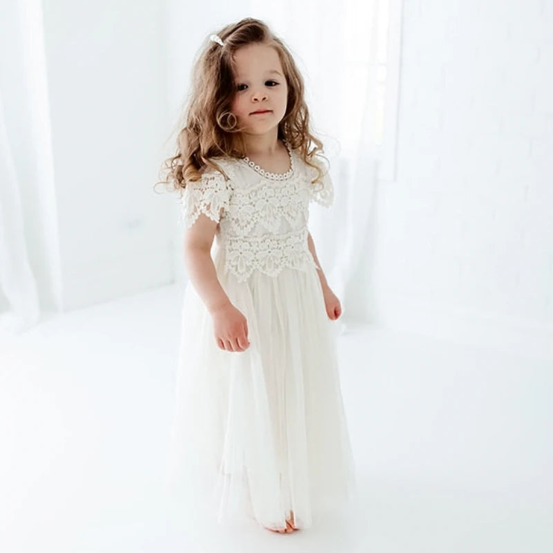 Elegant Lace Dress for Girls Flower White Tulle First Communion Gown Bohemia Costume Pageant Wedding Evening Party