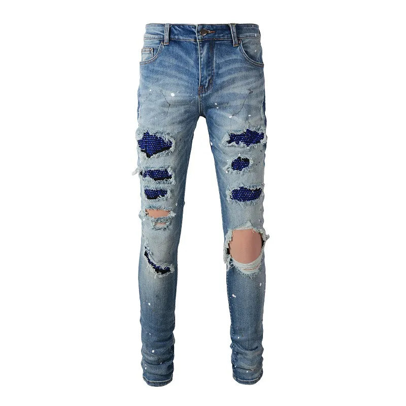 American-style High Street Ripped Jeans Young Men's Diamond-encrusted Jeans Stretch Comfortable Leg Jeans