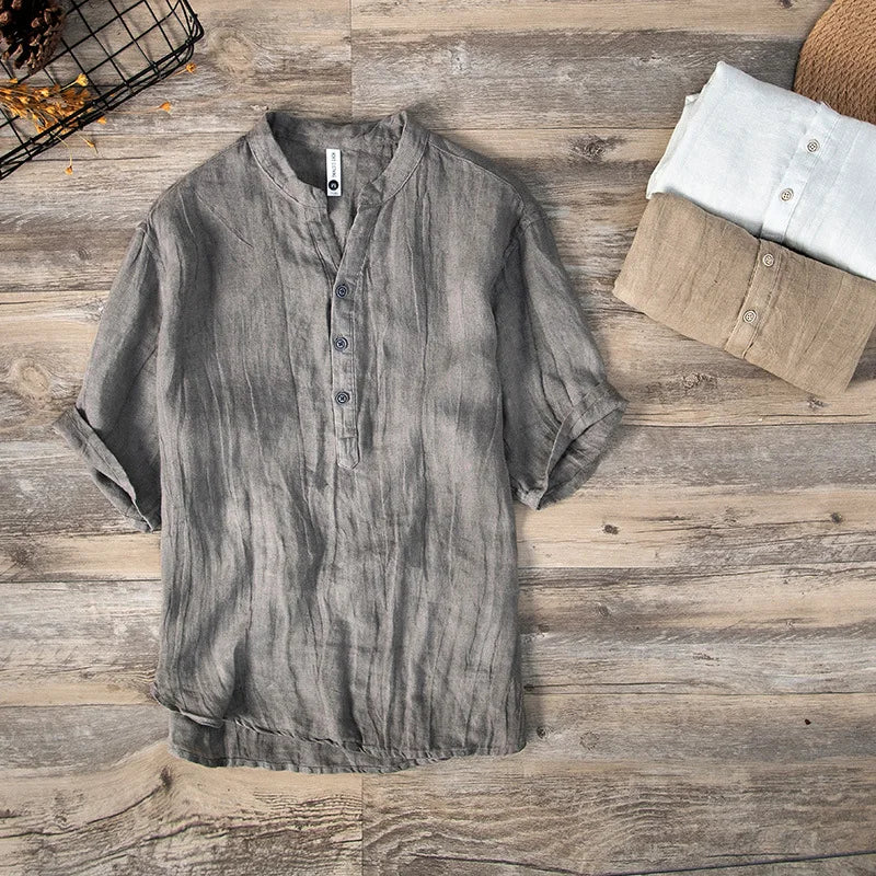 Summer Vintage Pure Linen Short Sleeve T Shirt for Men Thin Solid Slim Men Clothing