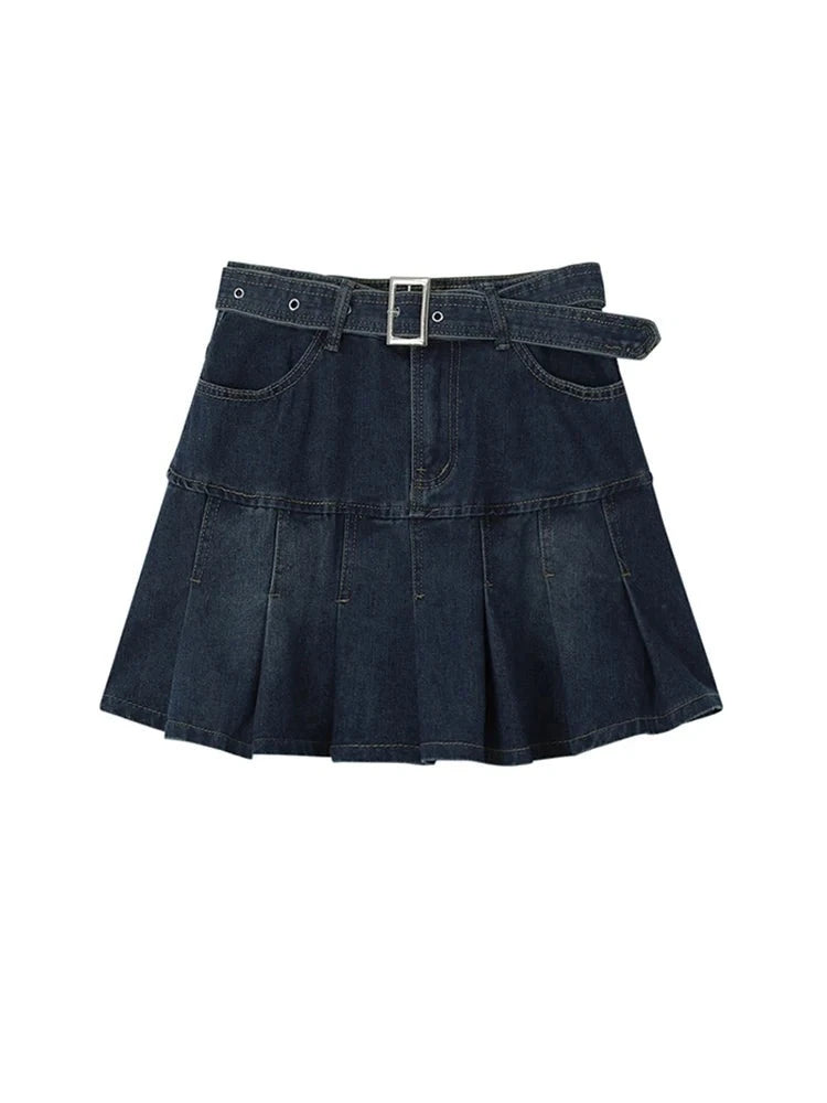 Waist Denim Mini Pleated Skirts With Belt Women Summer Retro Skirt Ins Female Casual Skirts