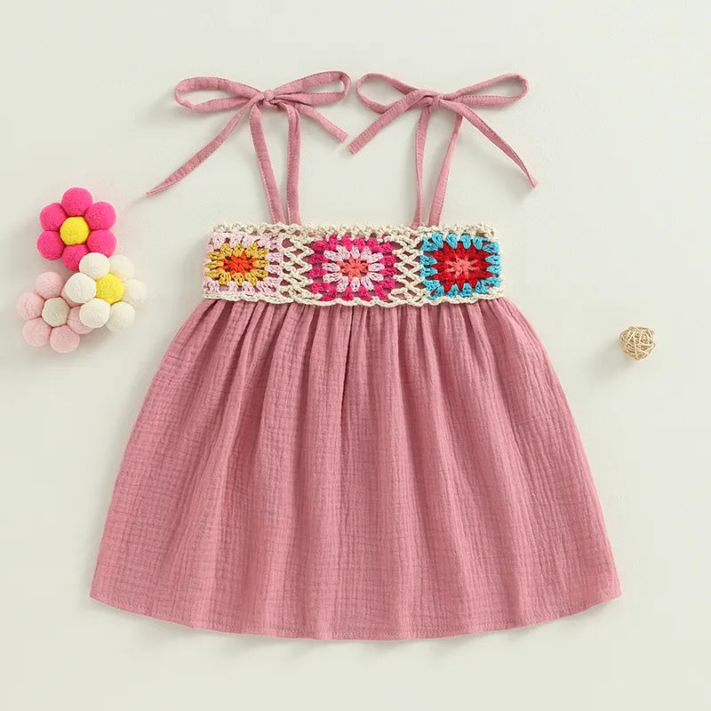 Kids Girls Dress Crochet Embroidery Sleeveless Tie-Up Spaghetti Strap Cami Dress Summer Casual Clothes Princess Dress