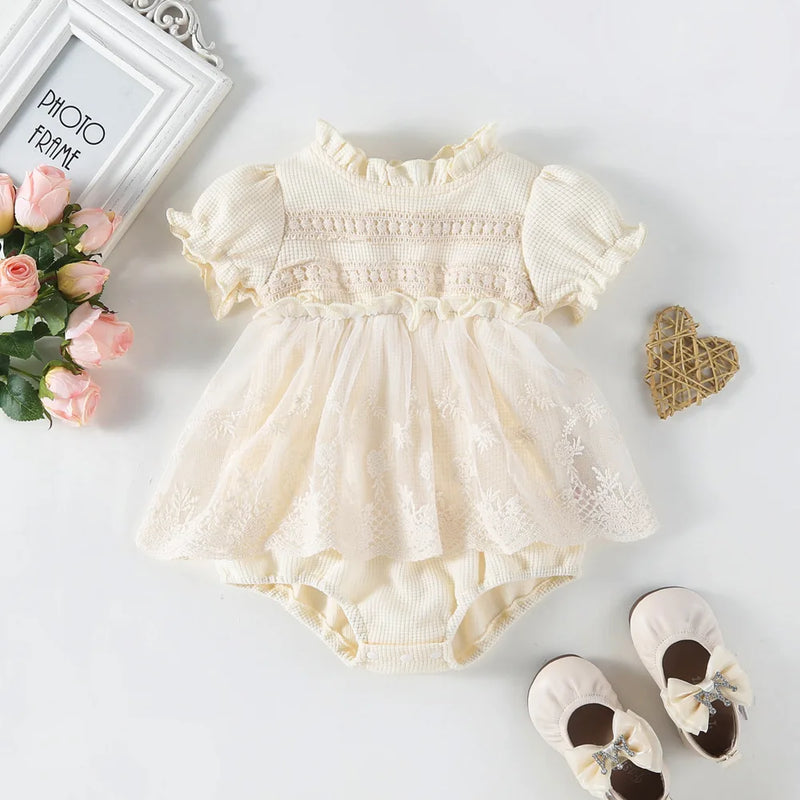 Spring Summer Solid Princess Baby Girl Skirt Style Bodysuit Toddler Infant Waffle One Piece Lace Party Outfit