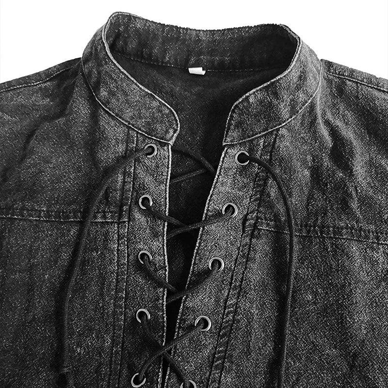 Vintage T-shirt Men Medieval Tee Shirt Pullover With Lace Up