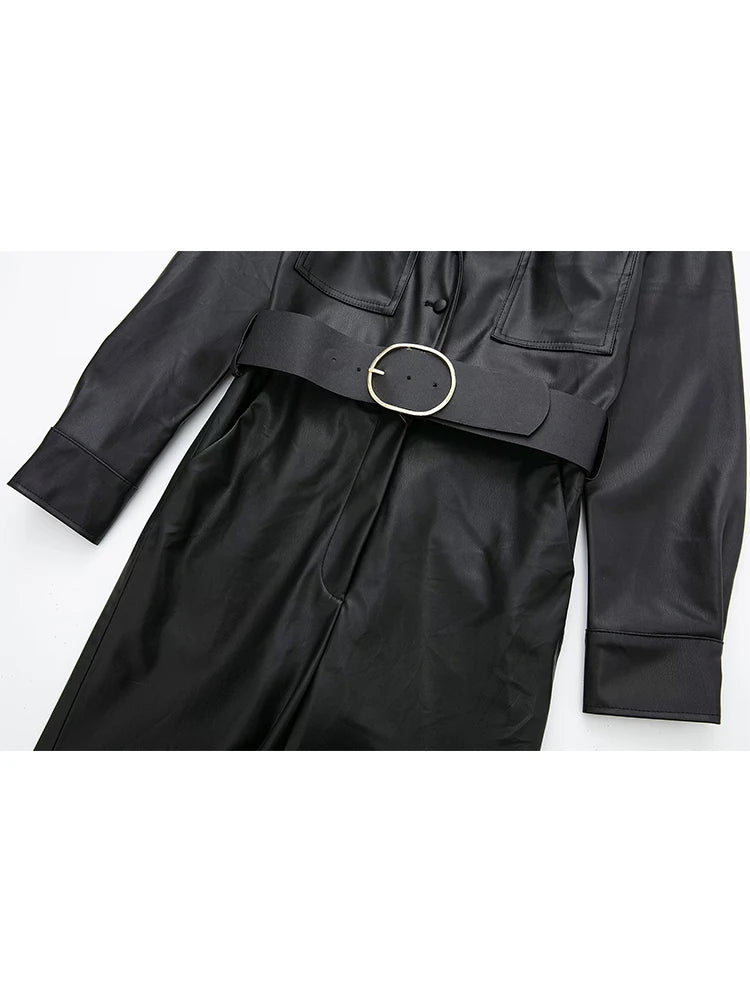 Women Black With Belt Faux Leather Jumpsuit Long Sleeve Elegant Female Overalls