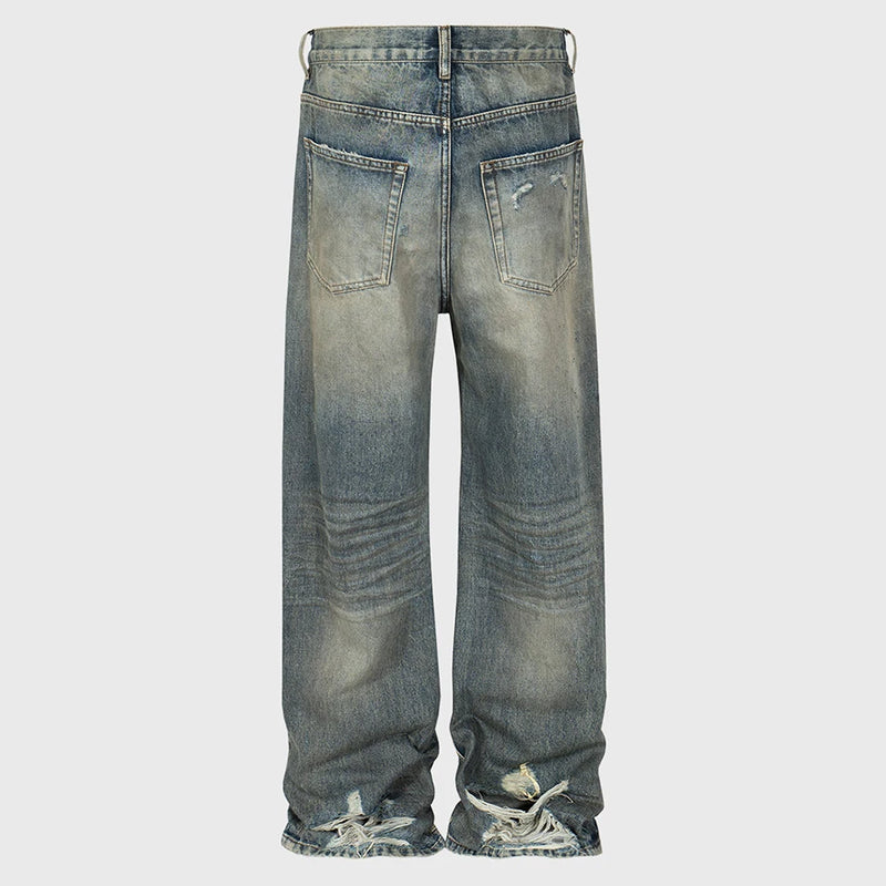 Vintage Baggy Jeans Men Retro Blue Loose Straight Denim Pants Distressed Ripped Dirty Jeans Trouser Hip Hop Streetwear