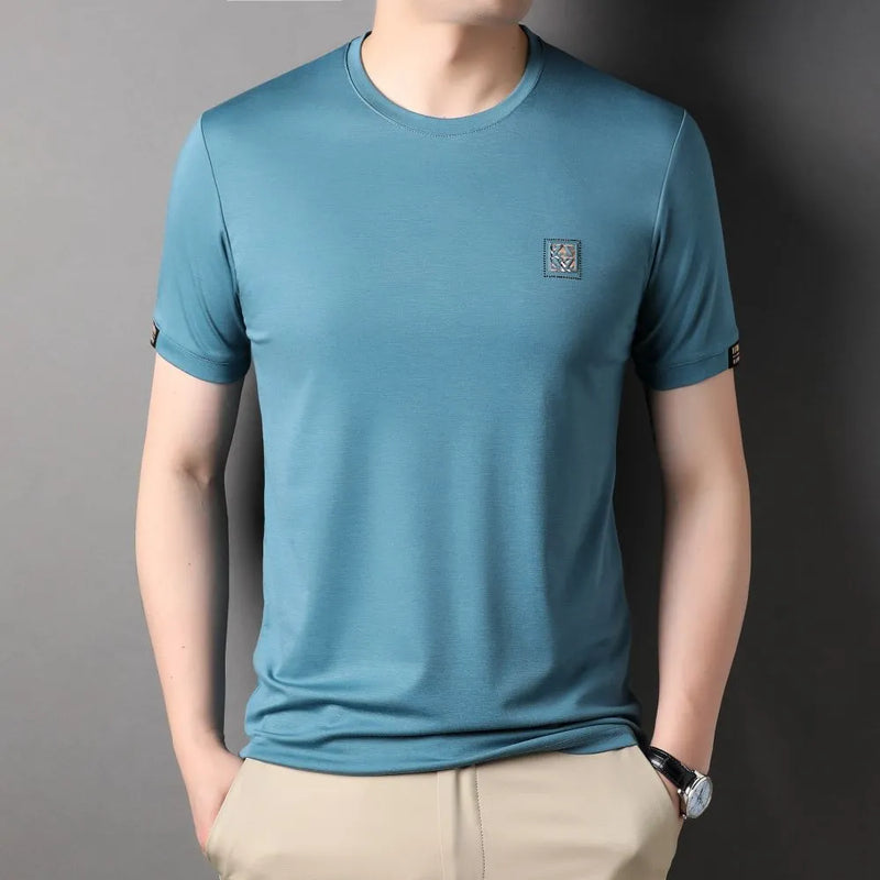 Mens Basic T-shirt Summer Round Collar Middle-aged Male Slim Casual Quick Dry Elastic Short Sleeve