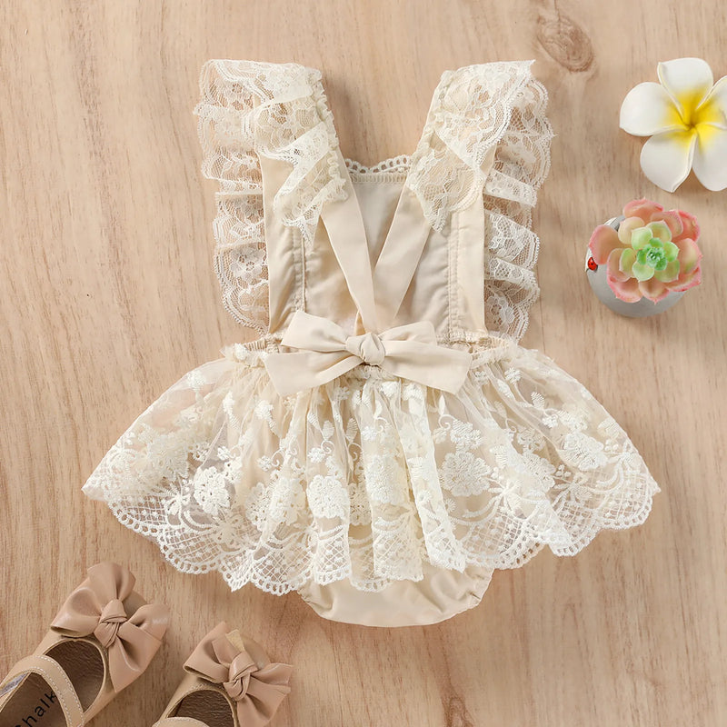 Baby Girls Summer Romper Floral Lace Embroidery Romper Dress Straps Sleeveless Sweet Triangle-Bottom Jumpsuit
