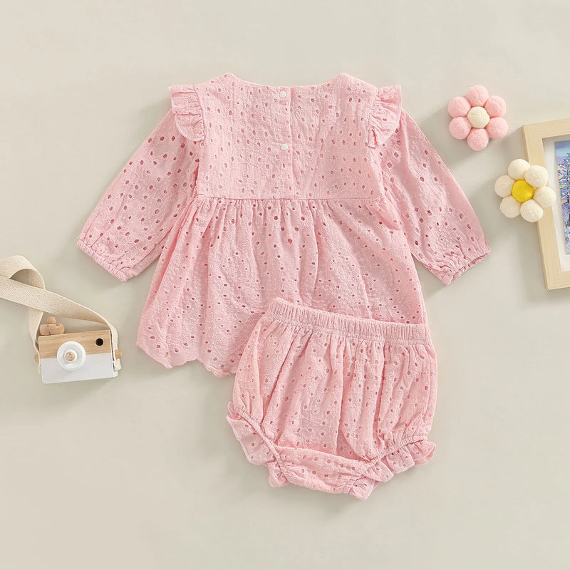 Toddler Baby Girl Clothes Set Solid Round Neck Long Sleeve T-shirt Tops and Elastic Casual Ruffle Shorts
