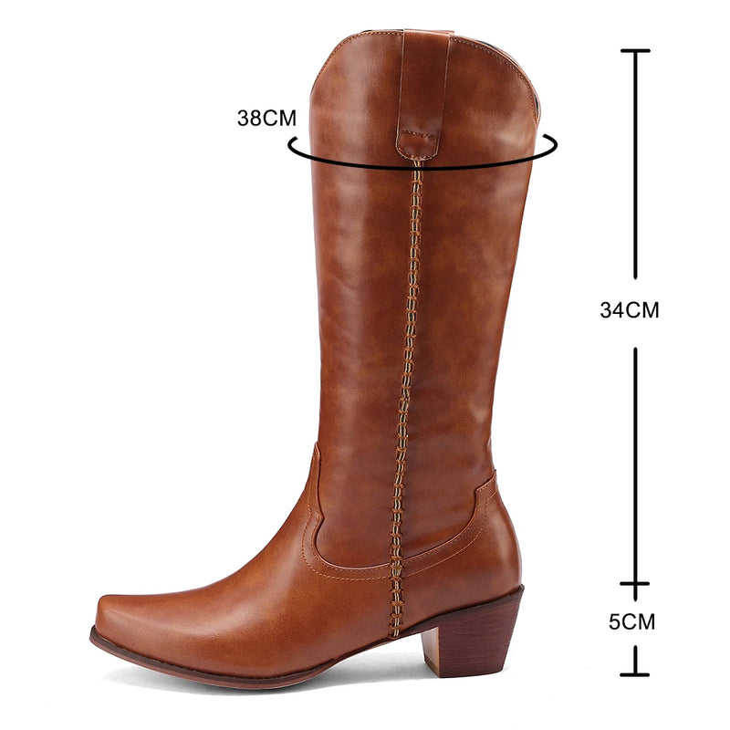 Heel Knee High Boots Women Spring Autumn Leather Shoes Ladies Western British Style Pointed Toe