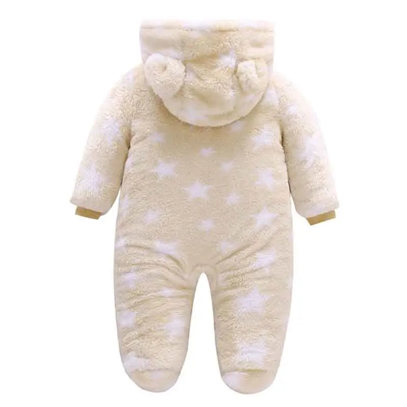 Baby Autumn Winter Plush Clothes Hooded Boy Girl Cute Star One Piece Romper Zipper Design Unisex Newborn Casual Wear 10-15℃
