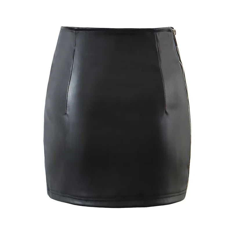 Women's Faux Leather Skirt High Street Sexy Side Zipper High waist Black Skinny Skirt Mini