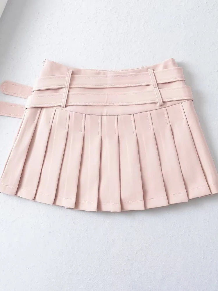 Women Summer  Slim Pleated Cute Chic Heart Belt Mini Skirt Streetwear