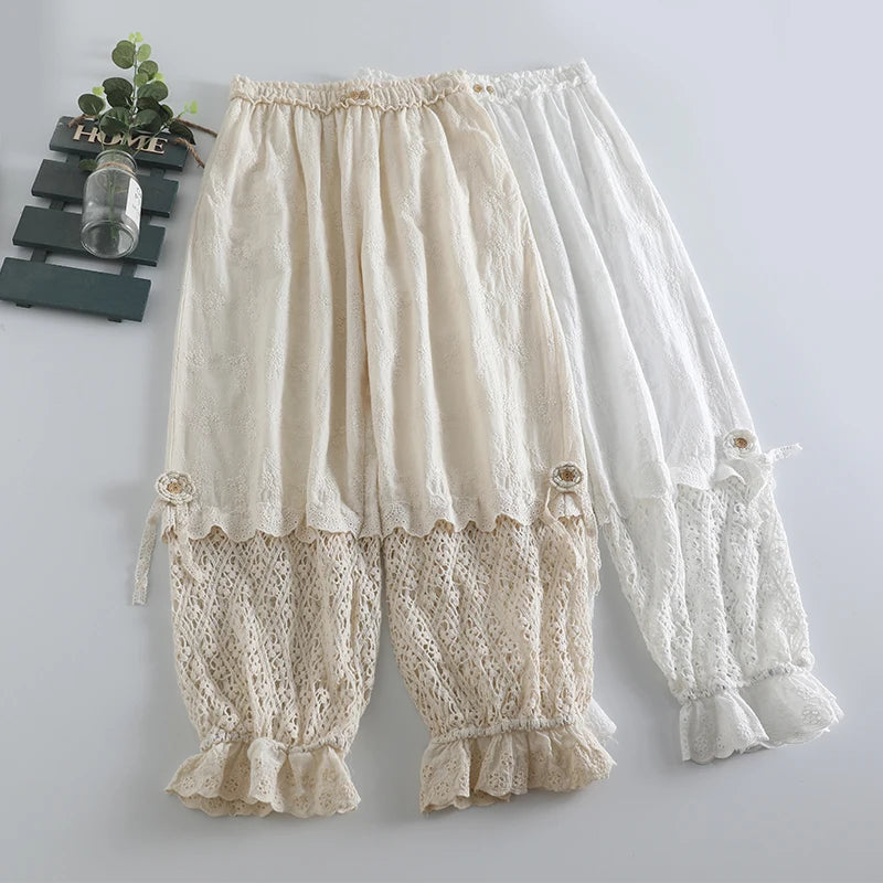 Summer Sweet Solid Embroidered Pants Women Elastic Waist Casual Pants
