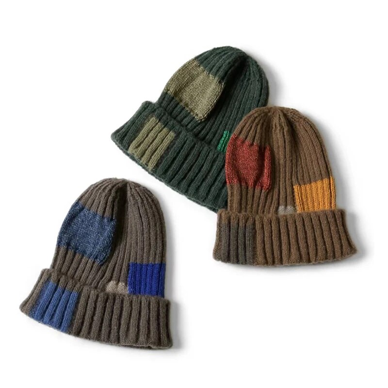 Two-tone Cotton Hemp Men and Women Splice Patch Matching Knitted Wool Hat